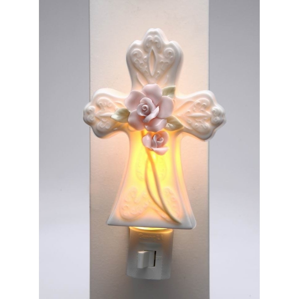 Ceramic Rose Flowers on Cross Plug-In NightlightReligious DcorReligious GiftChurch Dcor, Image 3