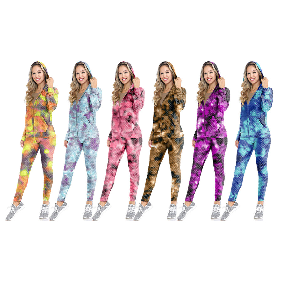 2-Piece: Womens Athletic Anti-Cellulite Textured Tie Dye Body Contour Yoga Track Suit w/ Hood Image 1