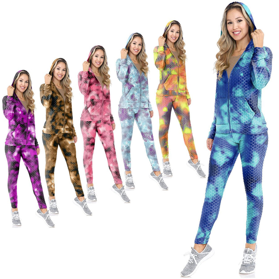 Multi-Set: Womens Athletic Anti-Cellulite Textured Tie Dye Body Contour Yoga Track Suit w/ Hood Image 1