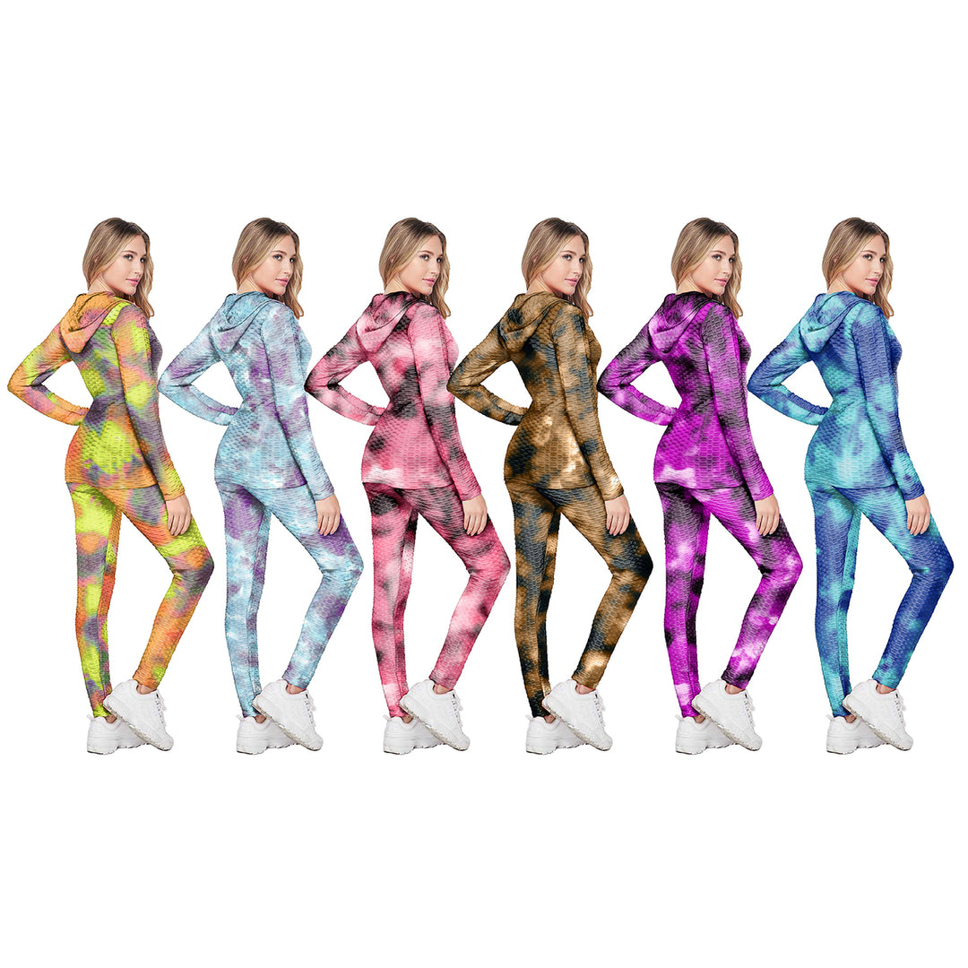 2-Set: Womens Athletic Anti-Cellulite Textured Tie Dye Body Contour Yoga Track Suit w/ Hood Image 4