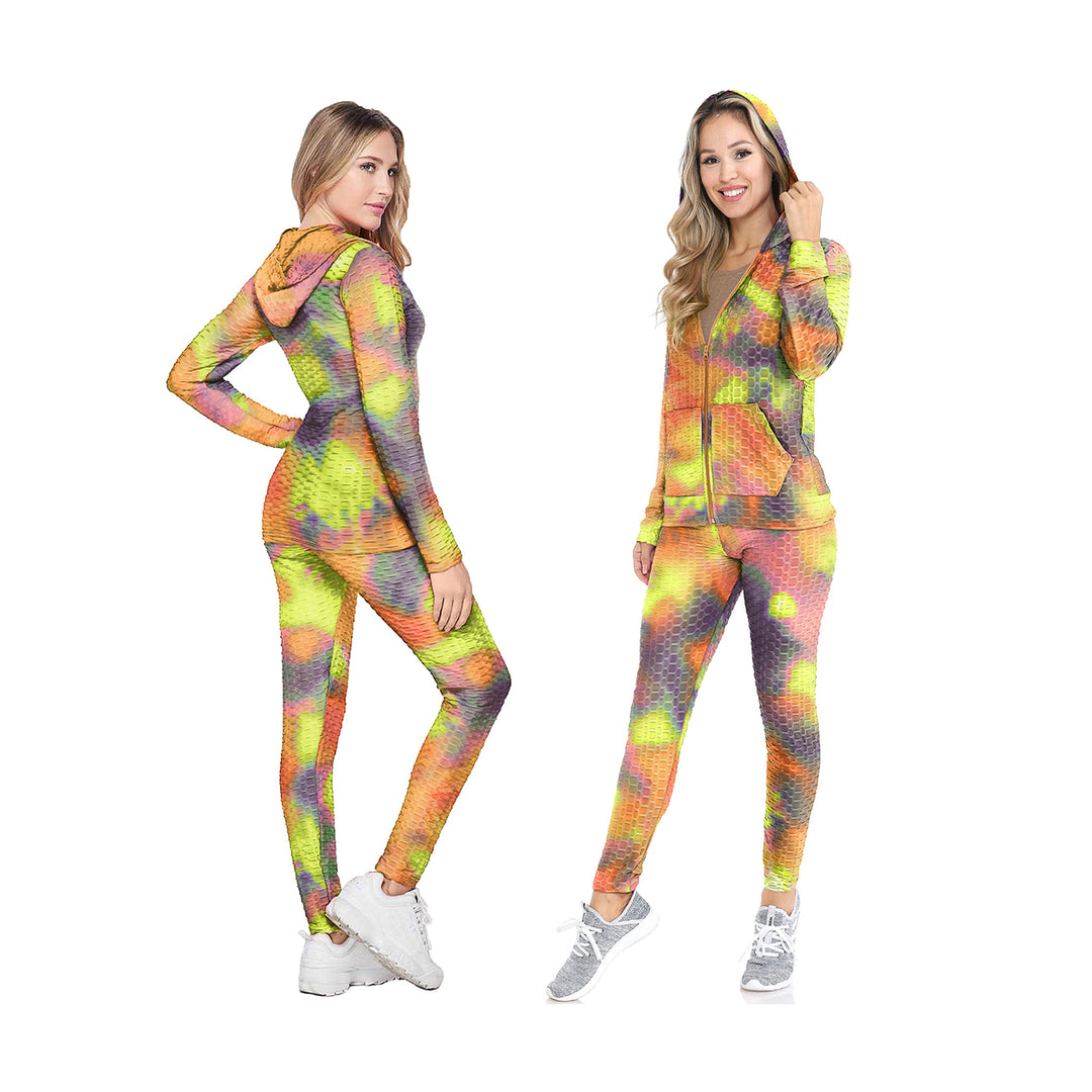 2-Set: Womens Athletic Anti-Cellulite Textured Tie Dye Body Contour Yoga Track Suit w/ Hood Image 7