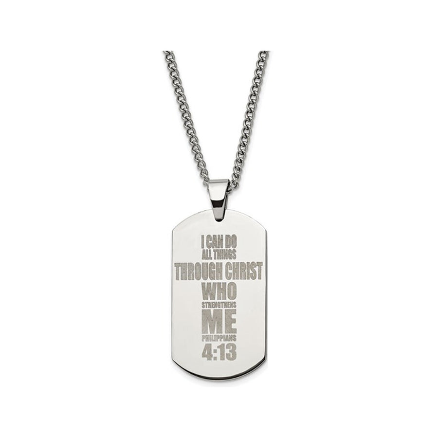 Mens Stainless Steel Lasered Philippians 4:13 Dog Tag Pendant with Chain (24 Inches) Image 1