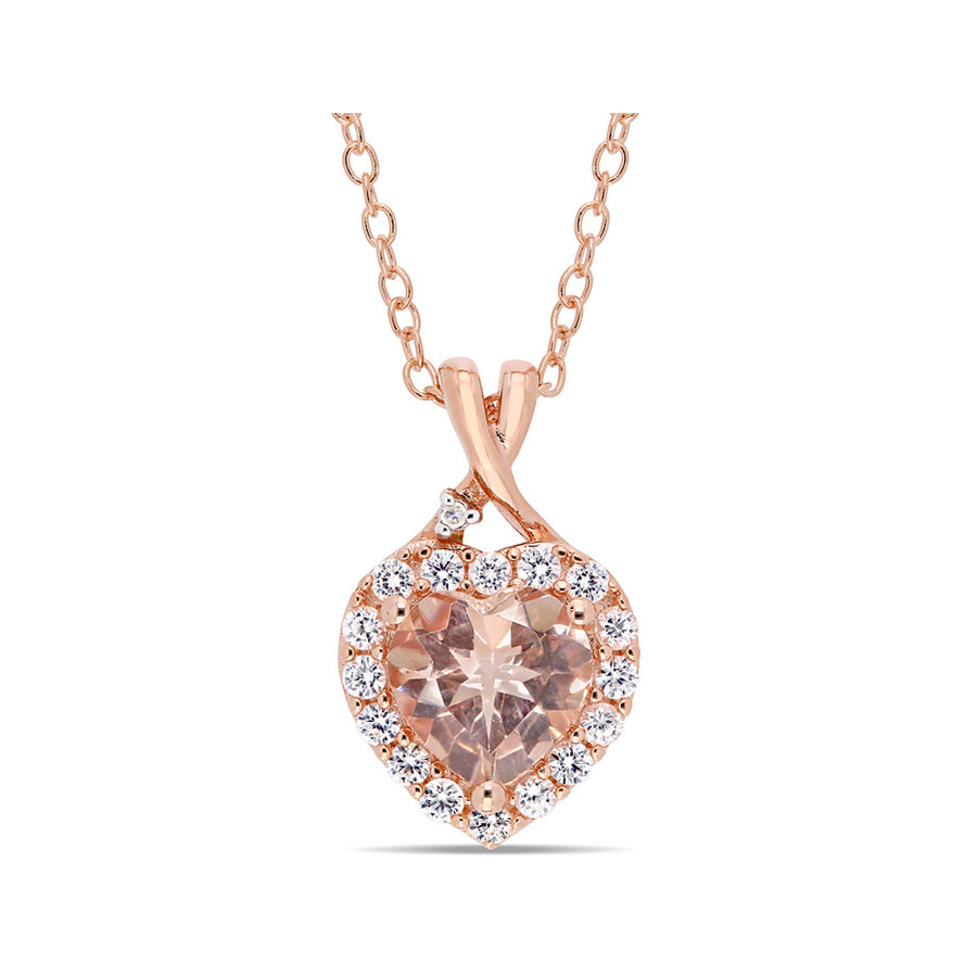 1.40 Carat (ctw) Morganite and Created White Sapphire Heart Pendant Necklace in Rose Sterling Silver with Chain Image 1