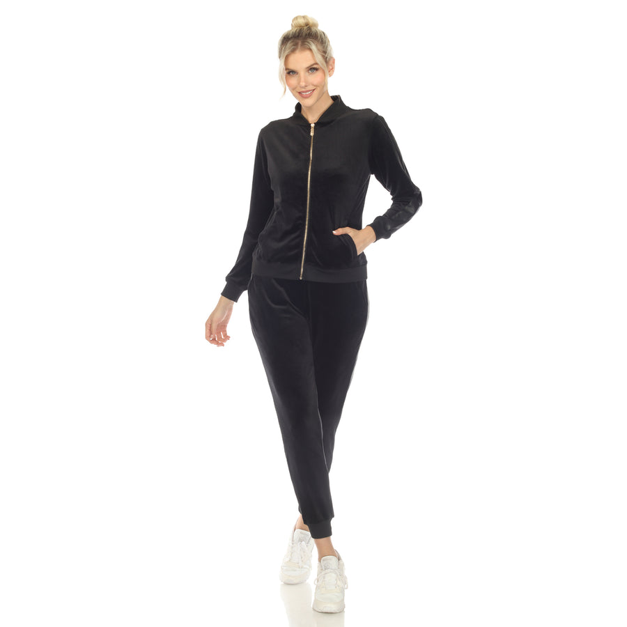 White Mark Womens 2-Piece Velour Tracksuit Set with Faux Leather Stripe Image 1