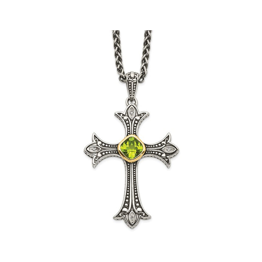 1.05 Carat (ctw) Peridot Cross Pendant Necklace in Sterling Silver with Chain Image 1