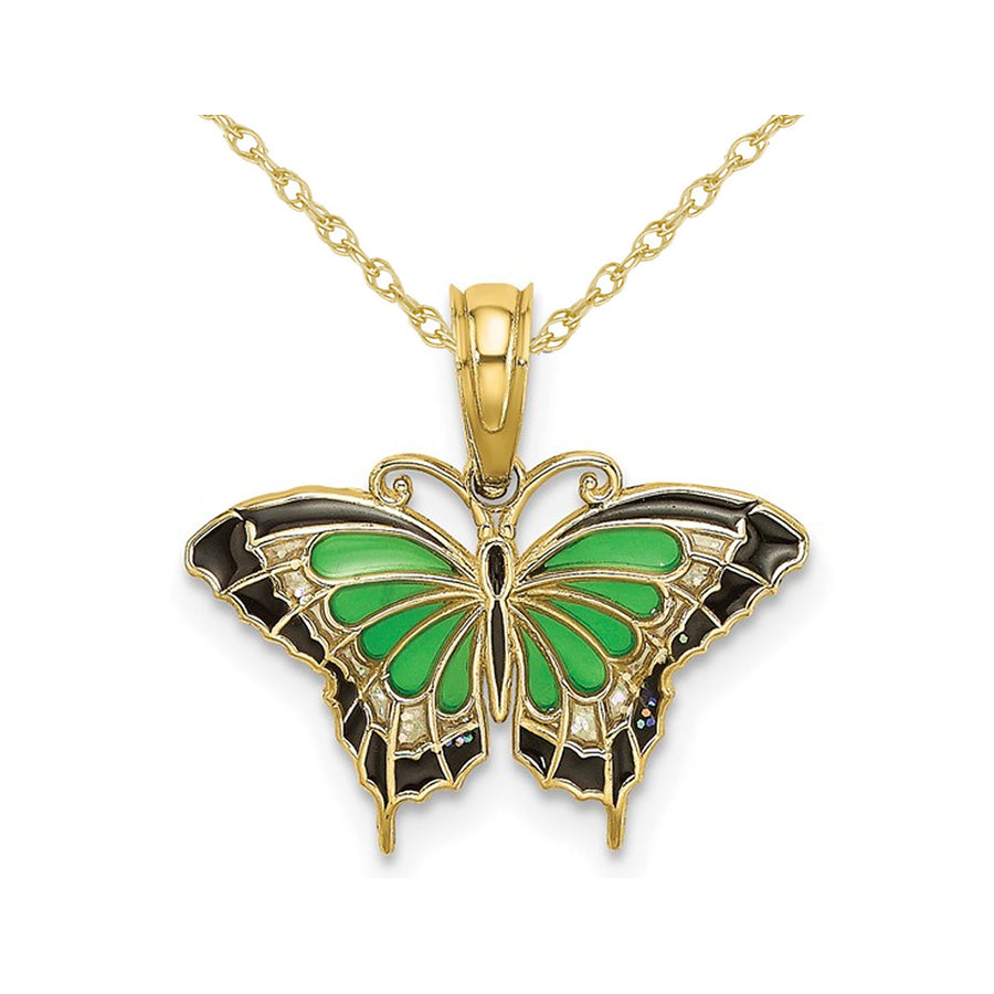 Green Butterfly Charm Pendant Necklace in 10K Yellow Gold with Chain Image 1
