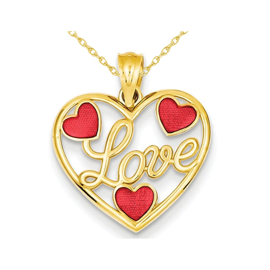 Heart Shaped LOVE Pendant Necklace in 14K Yellow Gold with Red Enamel Hearts Image 1