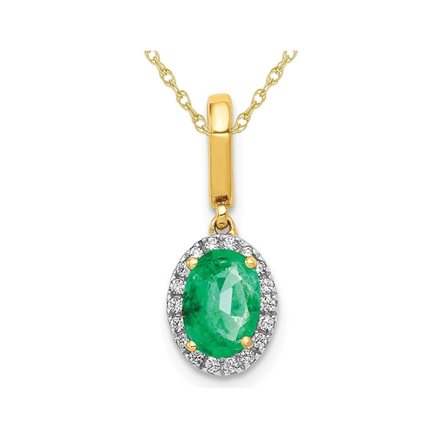 4/5 Carat (ctw) Natural Emerald Halo Pendant Necklace in 14K Yellow Gold with Chain and Accent Diamonds Image 1