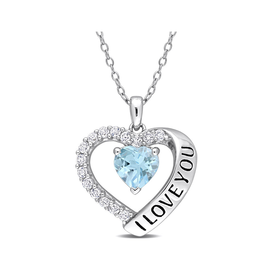 1.65 Carat (ctw) Blue Topaz and White Topaz - I Love You - Heart Pendant Necklace in Sterling Silver with Chain Image 1