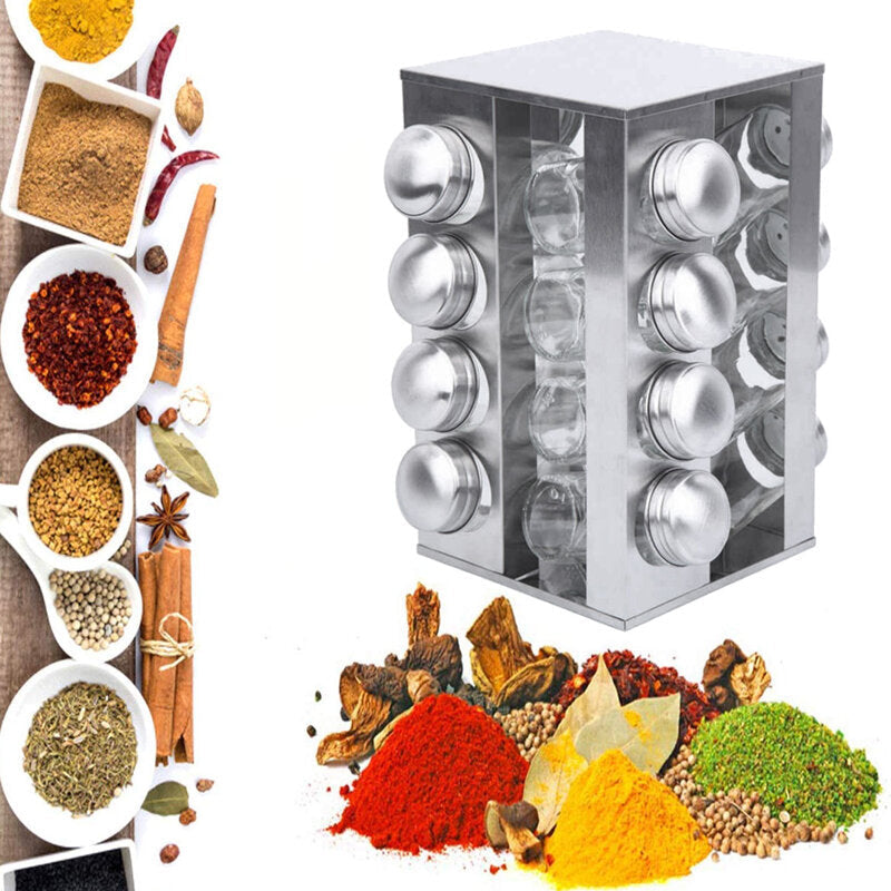 360 Stainless Steel Rotating Spice Rack Container with 16 Glass Jar Counter Kitchen Organizer Kitchen Storage Image 2