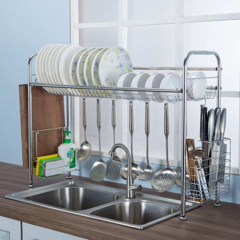 64/74/84cm Double Layer Stainless Steel Rack Shelf Storage for Kitchen Dishes Arrangement Image 2