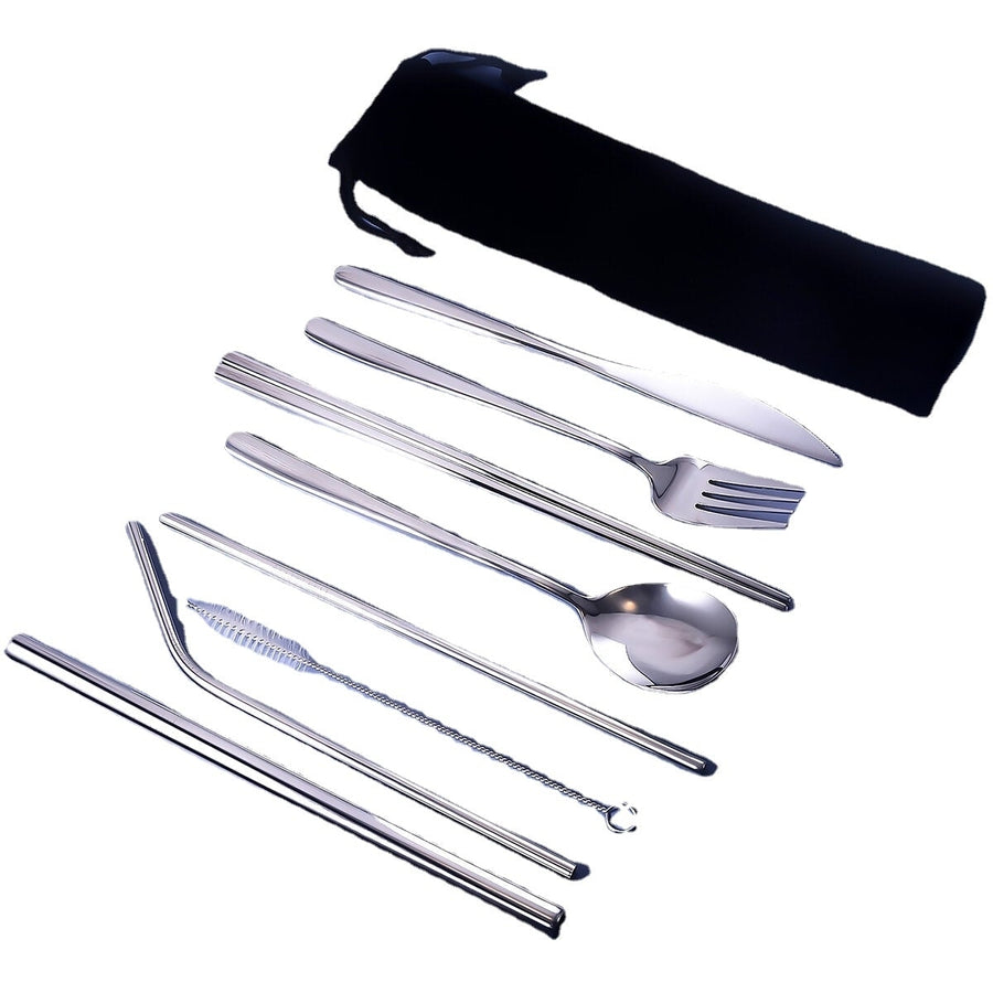 9pcs Titanium-Plated 304 Stainless Steel Cutlery Set Knife Fork Spoon Chopsticks Straw Image 1