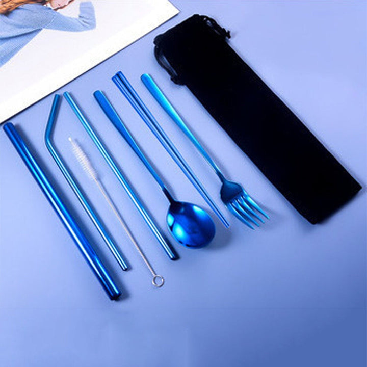9pcs Titanium-Plated 304 Stainless Steel Cutlery Set Knife Fork Spoon Chopsticks Straw Image 3