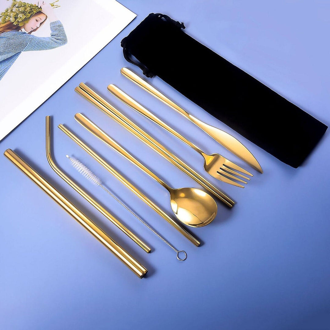 9pcs Titanium-Plated 304 Stainless Steel Cutlery Set Knife Fork Spoon Chopsticks Straw Image 4