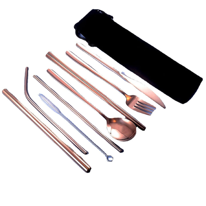 9pcs Titanium-Plated 304 Stainless Steel Cutlery Set Knife Fork Spoon Chopsticks Straw Image 8