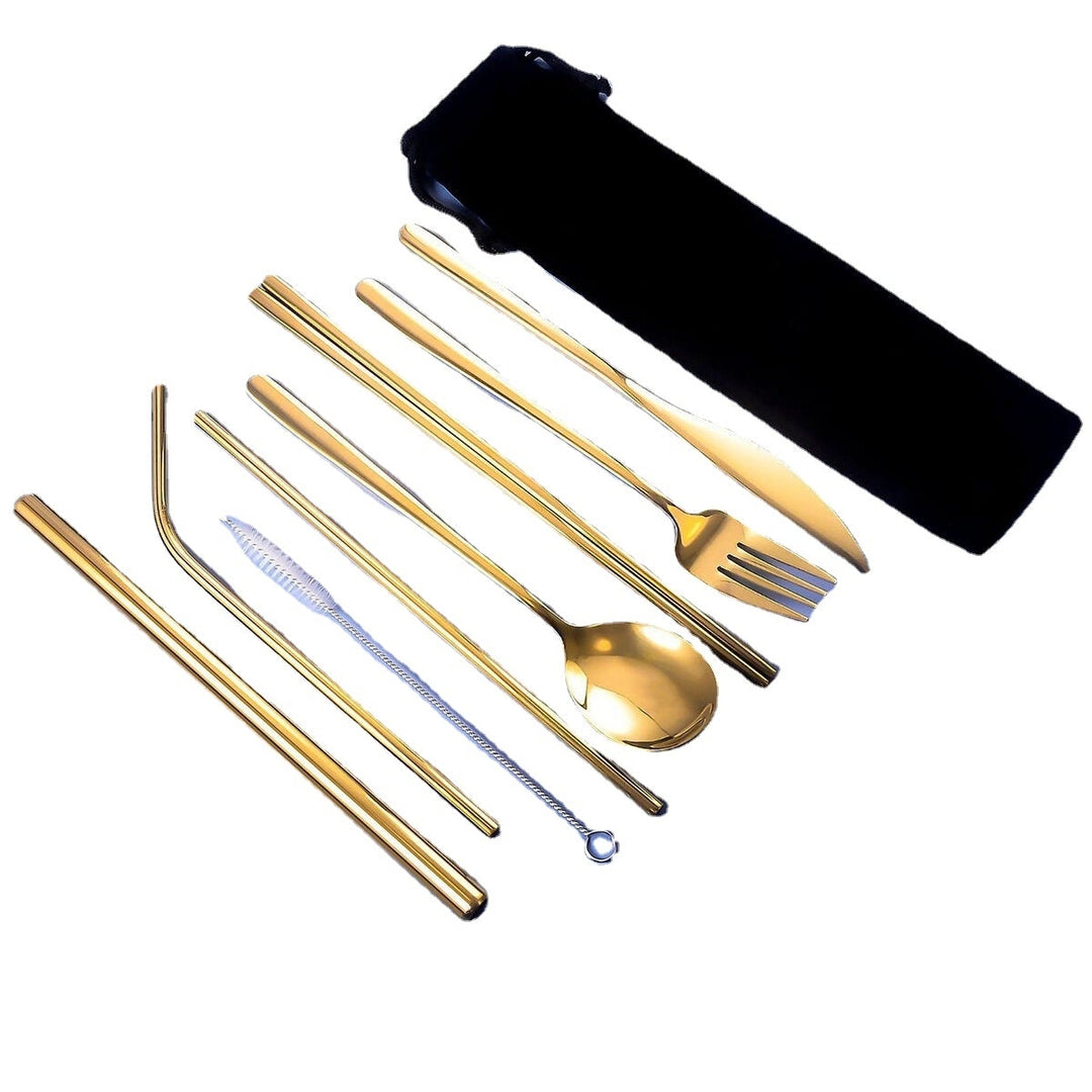 9pcs Titanium-Plated 304 Stainless Steel Cutlery Set Knife Fork Spoon Chopsticks Straw Image 9