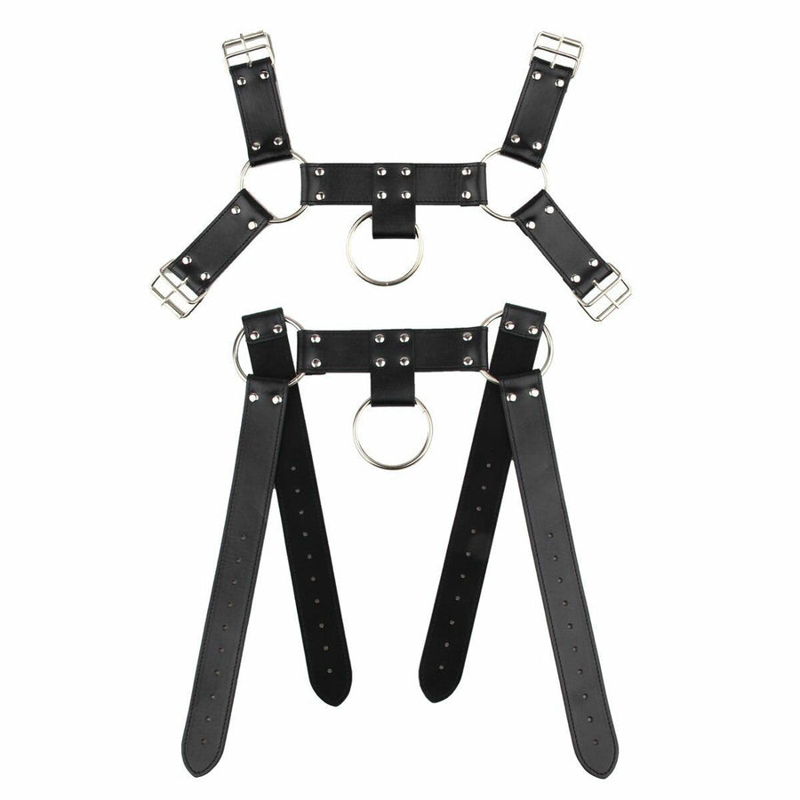 Black Leather Chest Strap Faux Leather Metal Ring Support Strap Back Binding Strap For Men Image 1