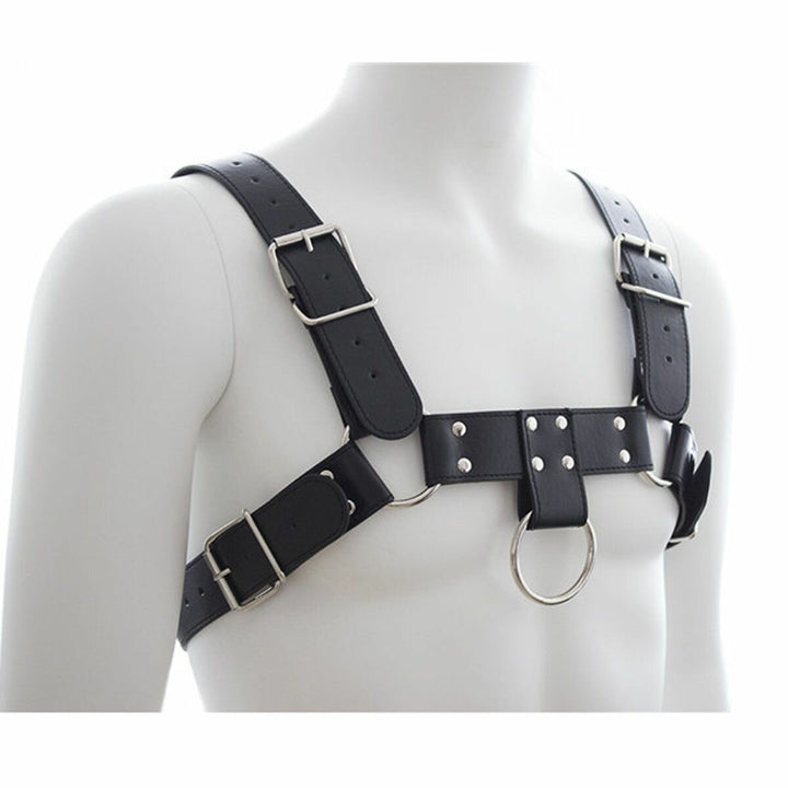 Black Leather Chest Strap Faux Leather Metal Ring Support Strap Back Binding Strap For Men Image 4