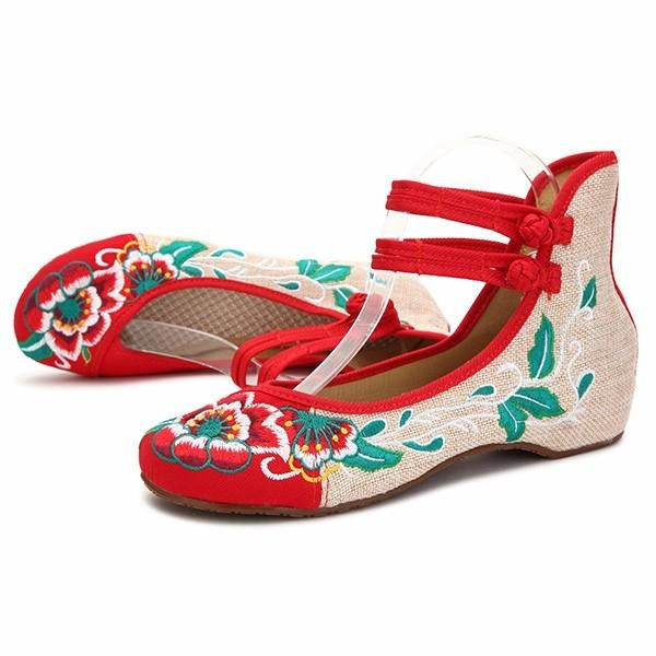 Big Size Women Mary Janes Chinese Embroidered Flower Flat Shoes Linen Loafers Image 2