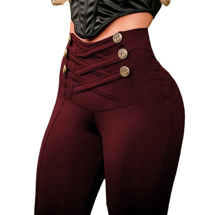 Casual Daily Abdominal rope cross button design Ladies Pants Image 1