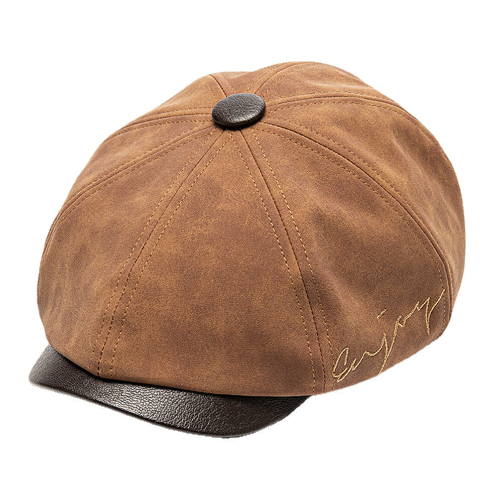 Collrown Men Rub Color PU Distressed Letter Embroidery Vintage Octagonal Hat Flat Cap Image 2