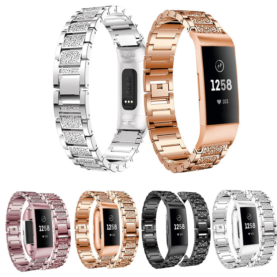 Crystal Stainless Steel Watch Band Wrist Strap for Fitbit Charge 3 Smart Watch Image 1