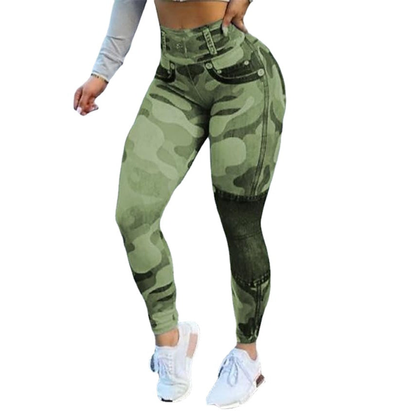 Fashionable Womens Camouflage Print High-waist Elasticity Faux Denim Pants Image 2