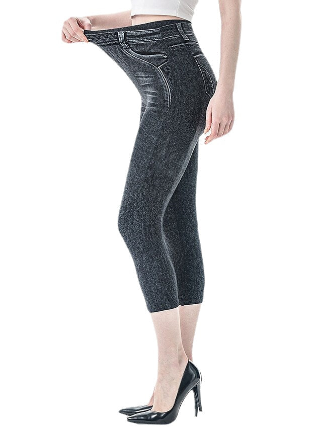 Faux Denim Casual Stretchy Calf-Length Comfort Womens Capri shorts Image 3
