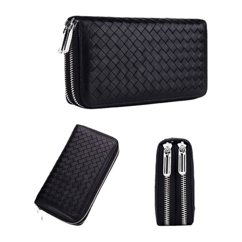 Men Women Large-capacity Long Wallet RFID Lambskin Genuine Leather Double Zipper Woven Wallet Image 2