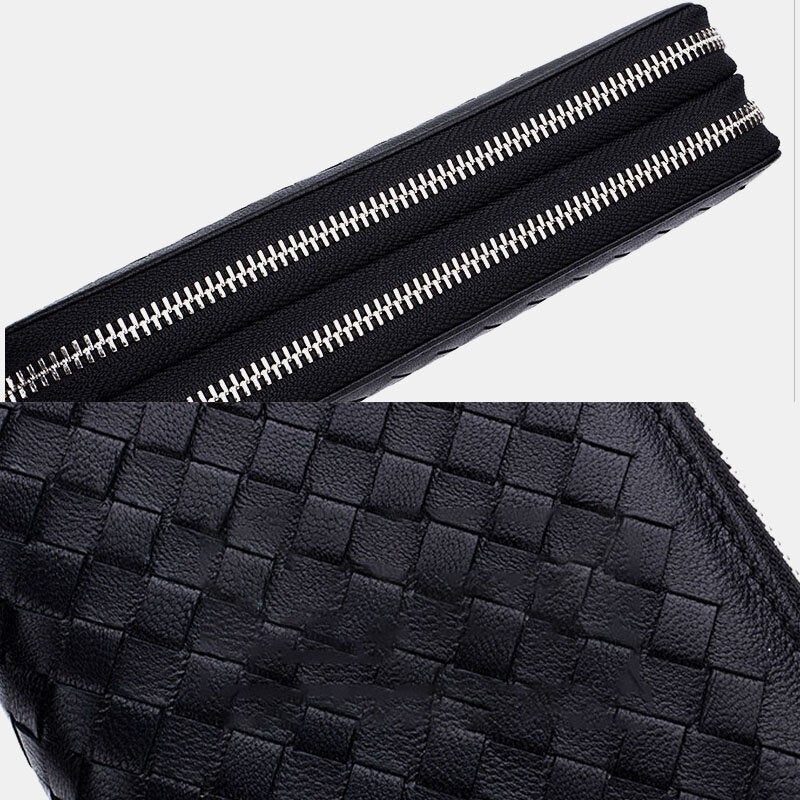 Men Women Large-capacity Long Wallet RFID Lambskin Genuine Leather Double Zipper Woven Wallet Image 3