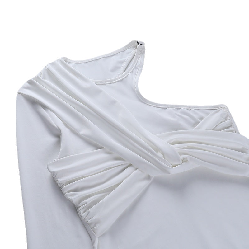 One-Shoulder Twisted Splicing Pleated Slim-Fit Asymmetric T-shirt Image 3