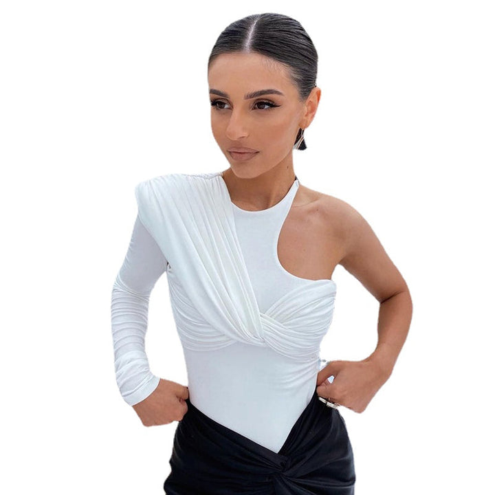One-Shoulder Twisted Splicing Pleated Slim-Fit Asymmetric T-shirt Image 7