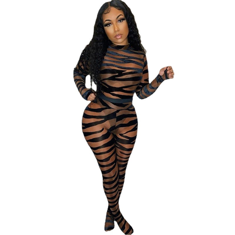 Sexy Stripes High Waist Tight Mesh Jumpsuit Image 1