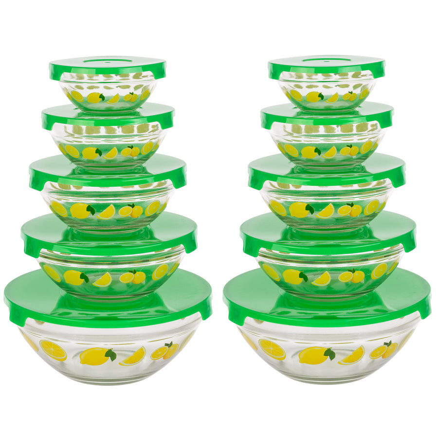 20-Piece Glass Bowls with Lids Set Lemon Design Mixing Bowls Set Multiple Sizes Image 1