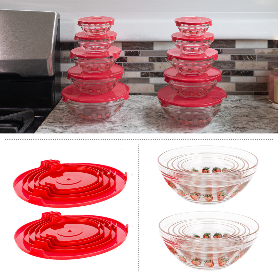 20PC Glass Bowls with Lids Set Strawberry Design Mixing Bowls Multiple Sizes Image 3
