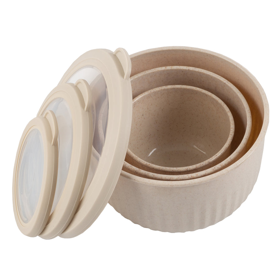 3 Beige Food Storage Nesting Bowls with Lids Freezer Microwave Safe Image 1