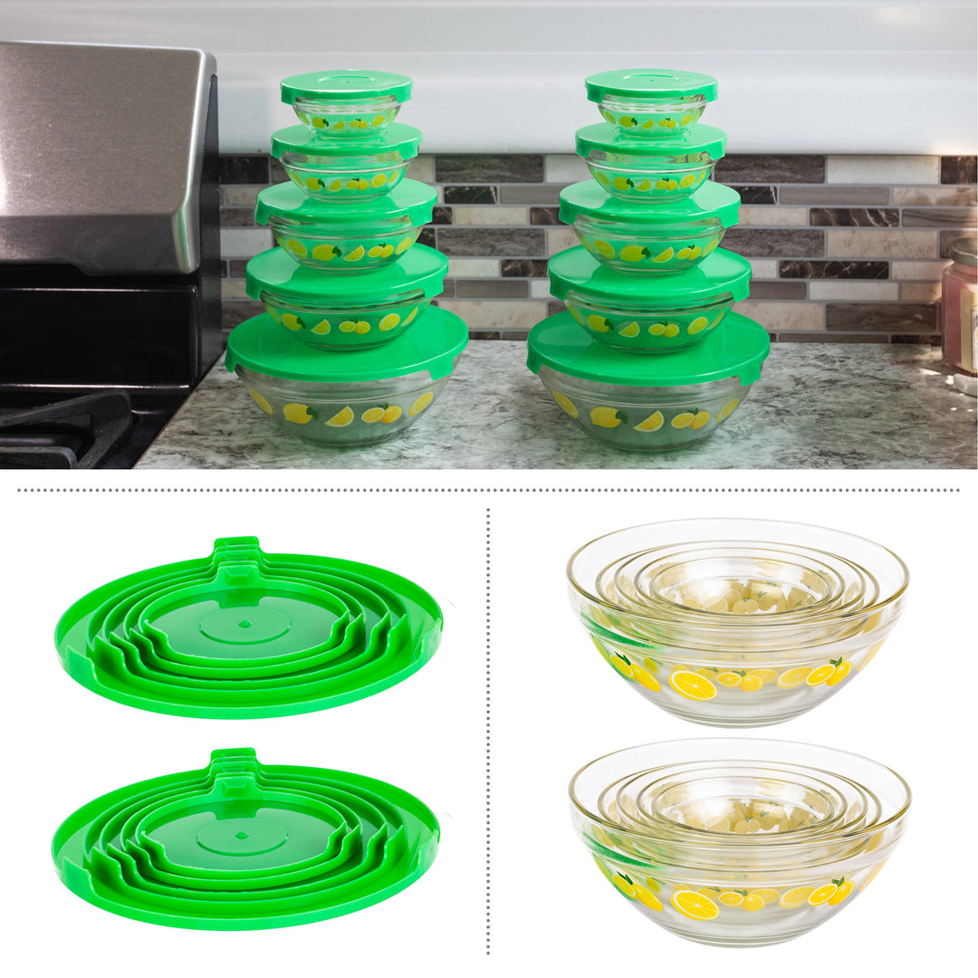 20-Piece Glass Bowls with Lids Set Lemon Design Mixing Bowls Set Multiple Sizes Image 3