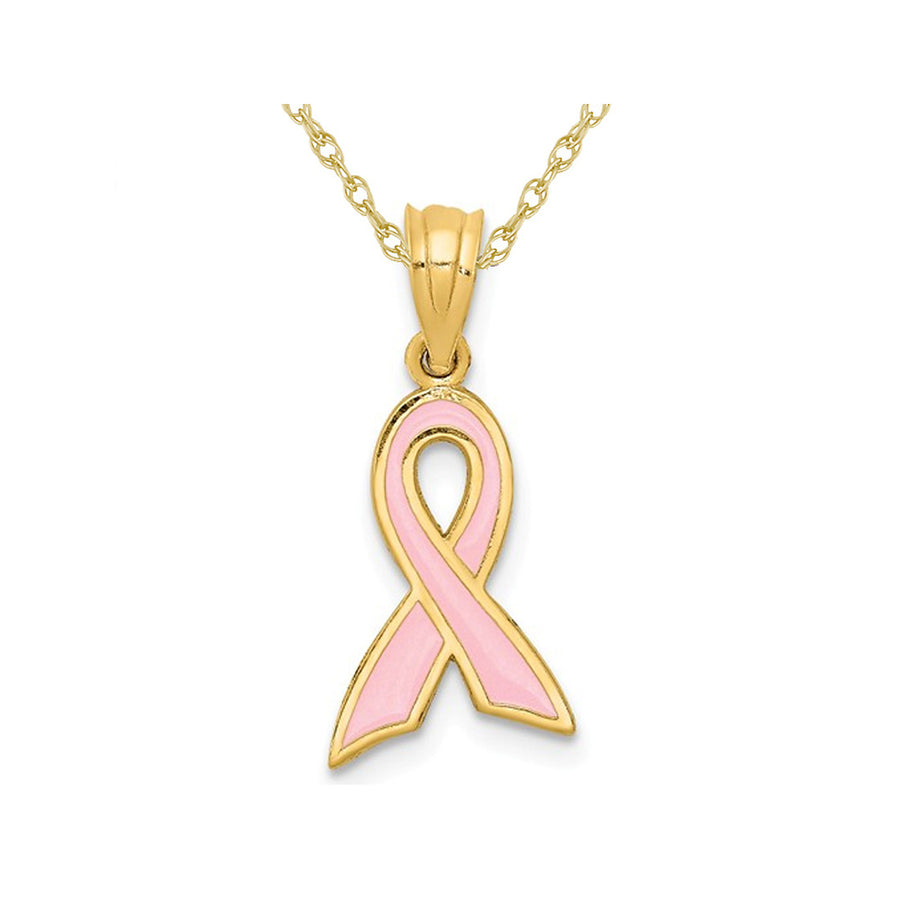 14K Yellow Gold Small Pink Enamel Awareness Ribbon Charm Pendant Necklace with Chain Image 1