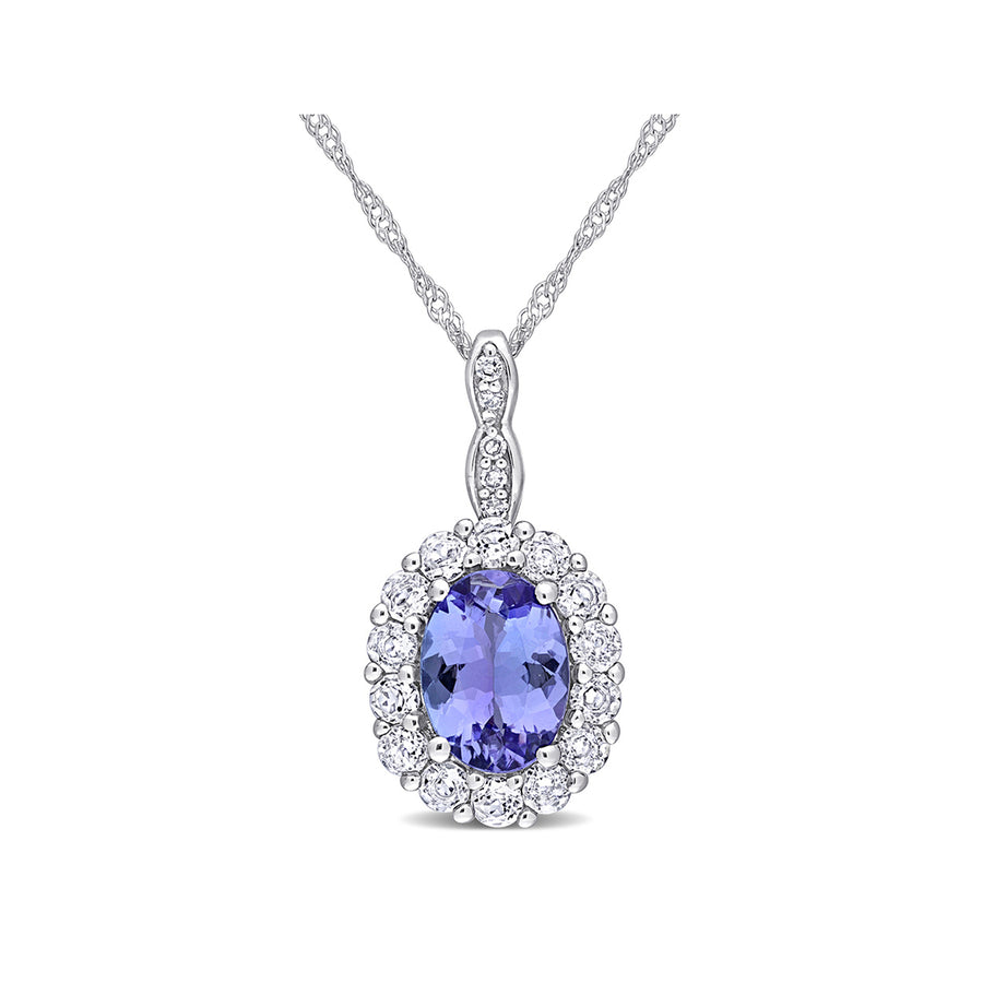 1.80 Carat (ctw) Tanzanite and White Topaz Halo Pendant Necklace in 14K White Gold with Chain Image 1