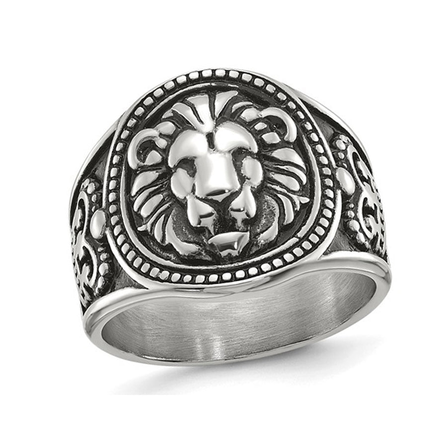 Mens Antiqued Stainless Steel Lion Ring Image 1