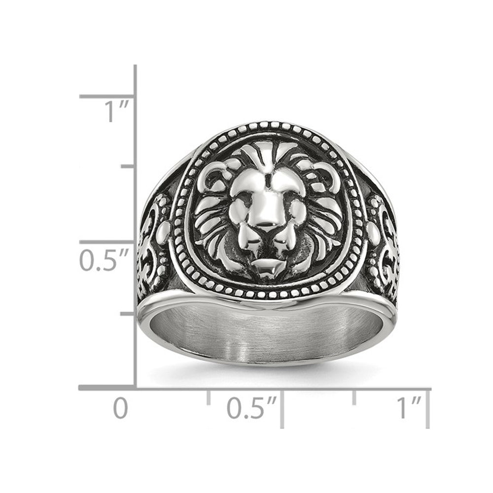 Mens Antiqued Stainless Steel Lion Ring Image 2