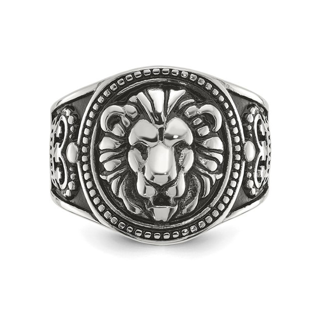 Mens Antiqued Stainless Steel Lion Ring Image 3