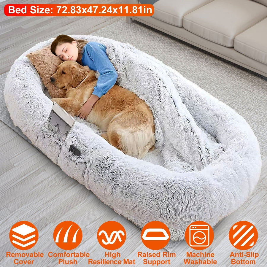 Human Size Dog Bed with Pillow Blanket 72.83x47.24x11.81in Bean Bag Bed Washable Removable Flurry Plush Cover Image 1