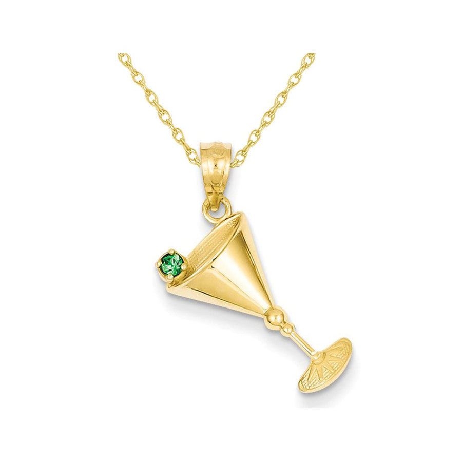 14K Yelllow Gold Martini Glass Charm with Synthetic Green Cubic Zirconia (CZ) Pendant Necklace with Chain Image 1