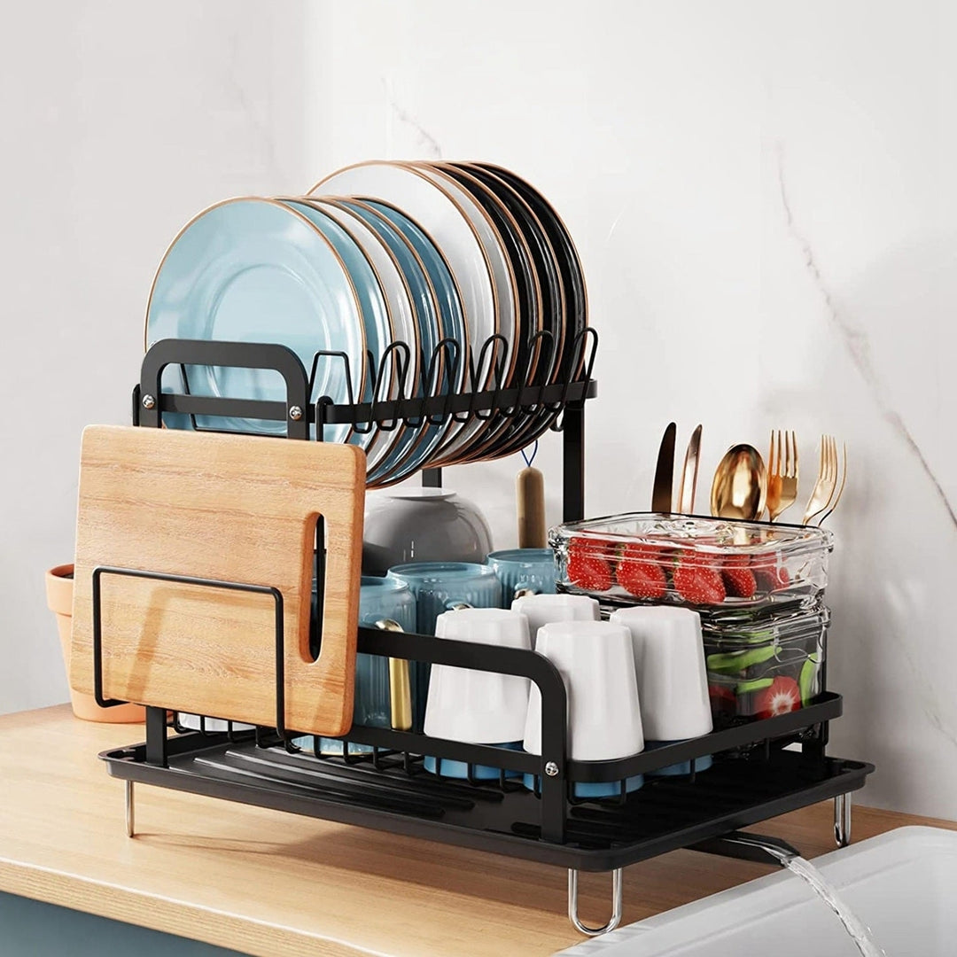 2 Tier Dish Drying Rack for Kitchen Counter Space Saving Rustproof Dish Rack with Drainboard Detachable Kitchen Drainer Image 9