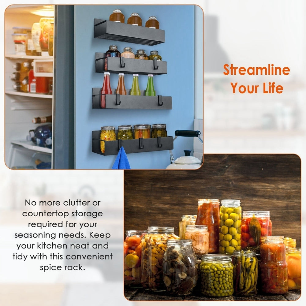 4Pcs Spice Rack Strong Magnetic Seasoning Storage Shelf with 8 Removable Hooks for Refrigerator Microwave Spice Storage Image 2