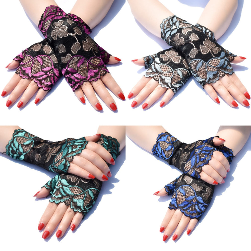 1 Pair Flower Pattern Elastic Crochet Summer Gloves Half Finger Sunscreen Short Lace Gloves for Outdoor Sports Image 2