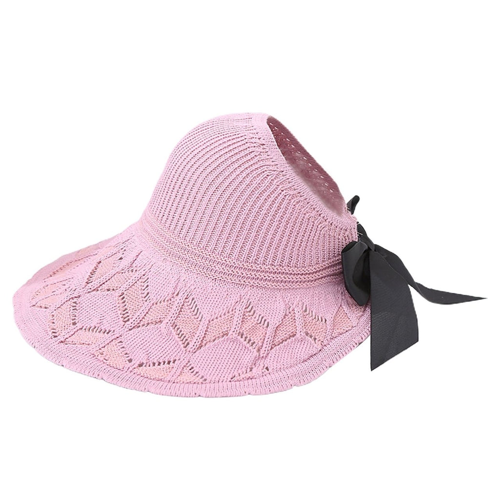 Sun Visor Hat Folding Sun Protection Hollowed-out Wide Brim Ribbon Bow Women Beach Hat for Outdoor Image 2
