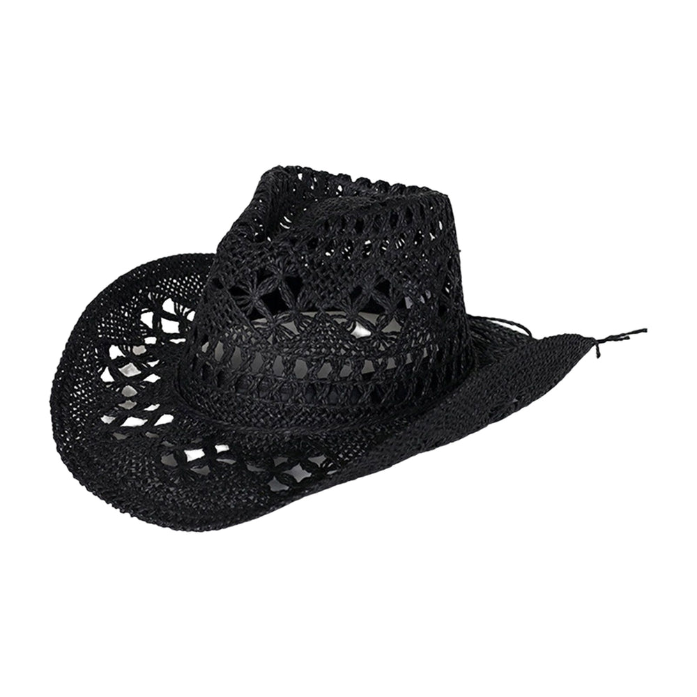 Straw Hat Ventilated Hollow Round Collapsible Western Cowboy Beach Hat Photo Props Image 2