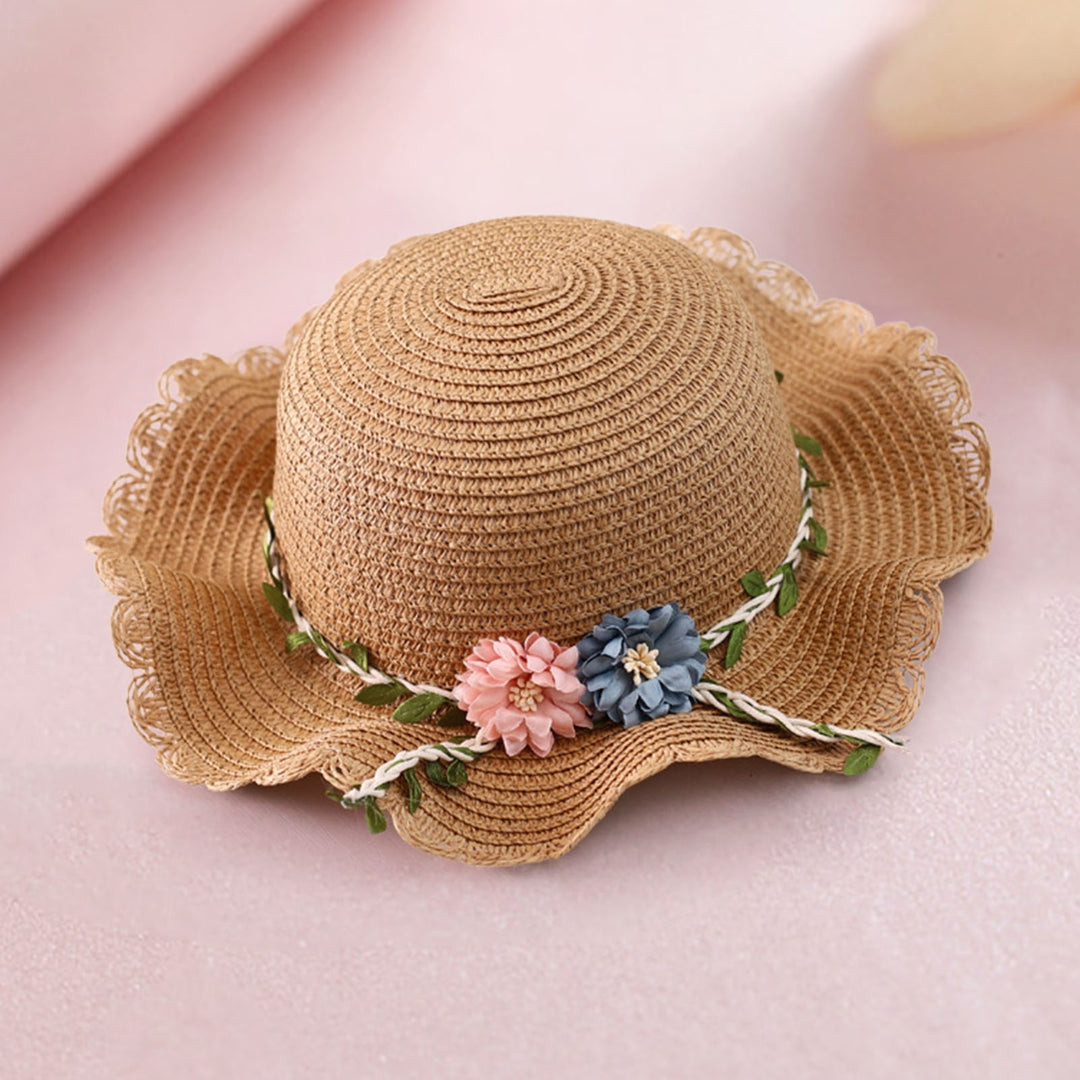 Solid Color Sunscreen Braided Children Sun Cap Leaves Flower Vine Decor Wide Brim Straw Cap Fashion Accessories Image 8